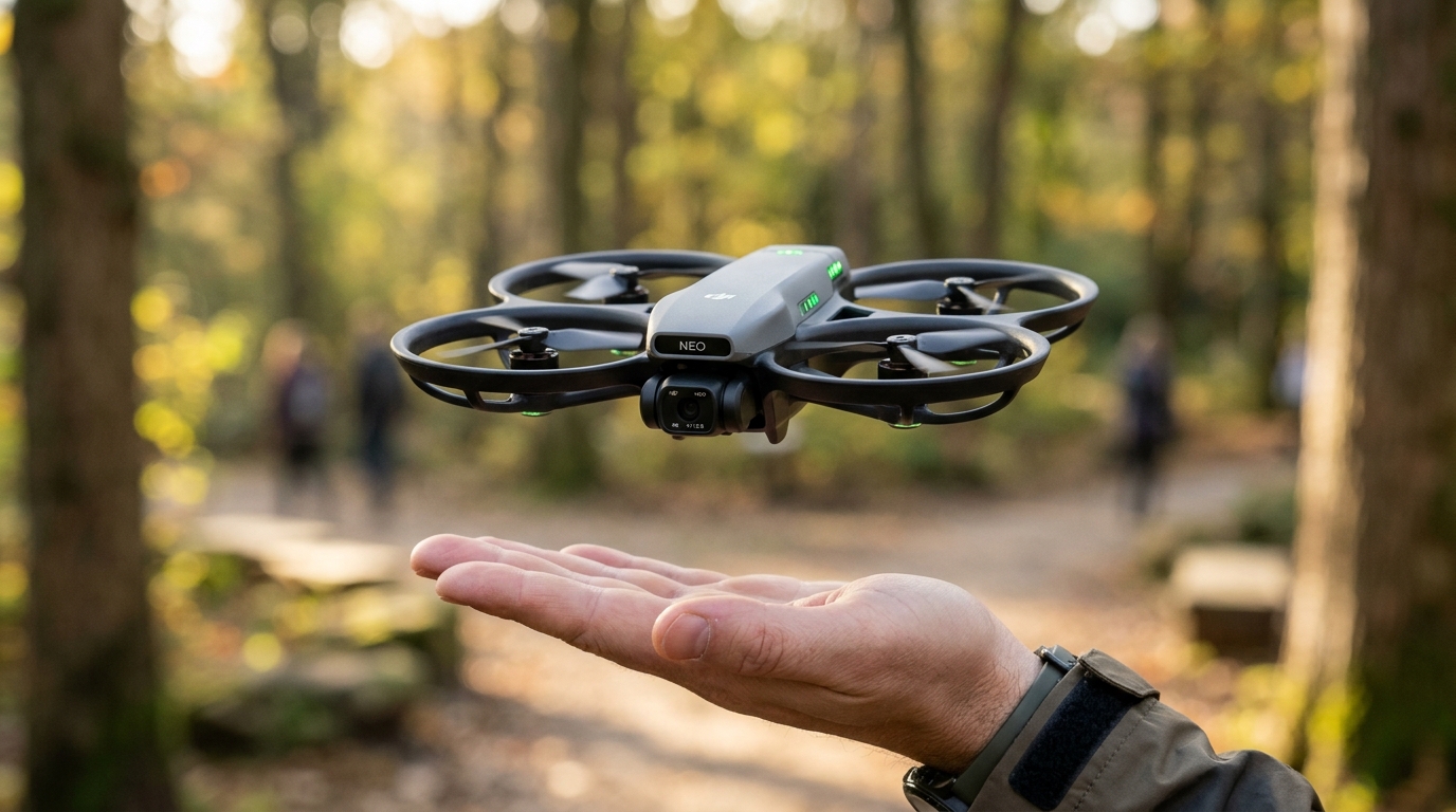 DJI Neo apskats: 135 gramu kabatas drons, kas paceļas no plaukstas bez pults